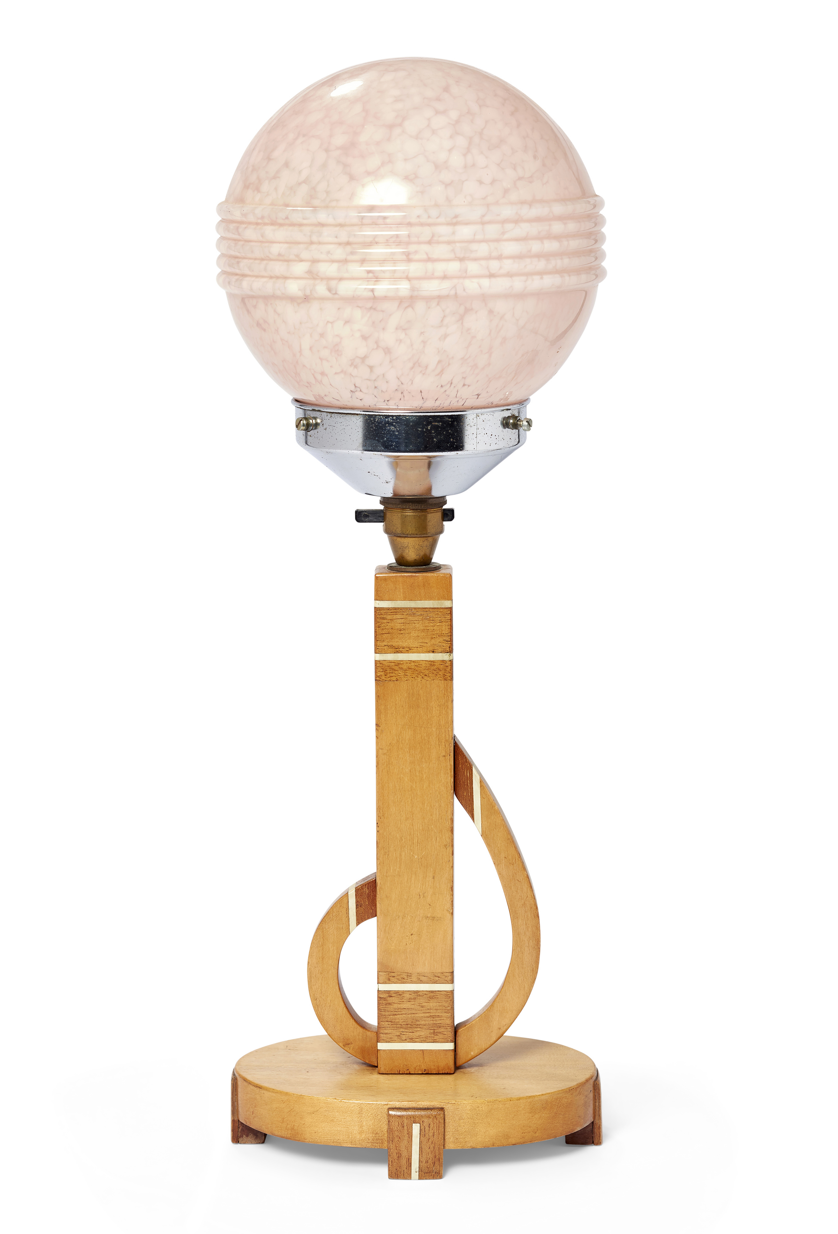 An Art Deco beech, bakelite and chromed metal table lamp, c.1930, with spherical glass shade, 53c...