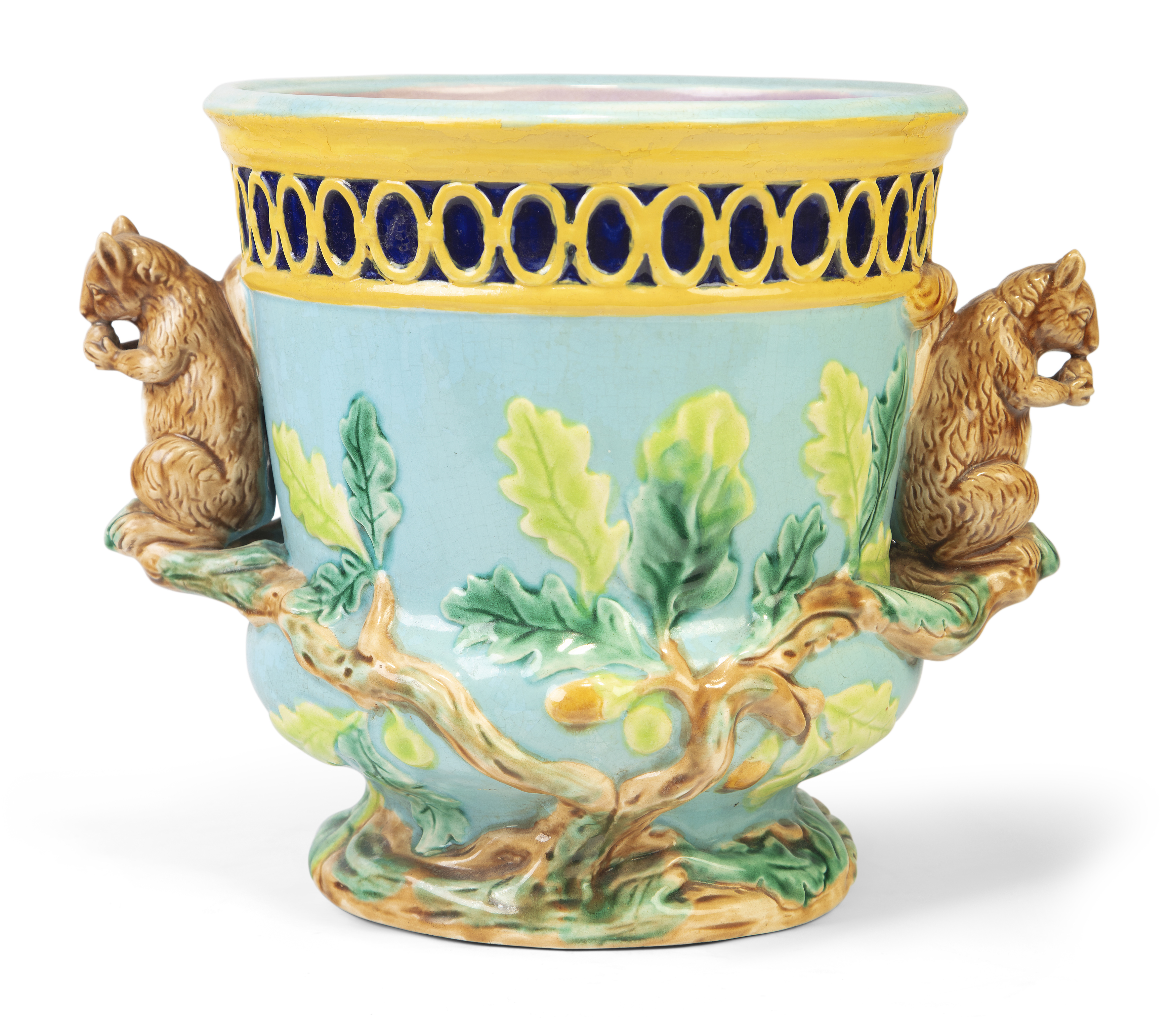 A majolica squirrel-handled jardiniere or planter, in the manner of Minton or George Jones, c.189...