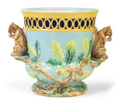 A majolica squirrel-handled jardiniere or planter, in the manner of Minton or George Jones, c.189...