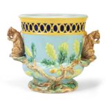 A majolica squirrel-handled jardiniere or planter, in the manner of Minton or George Jones, c.189...