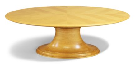 An oval parquetry top oak dining table, c.2015, 71cm high, 210cm wide, 130cm deep