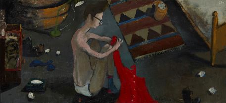 Charles Williams,  British/American b.1965 -  Mending his Red Shirt;  oil on canvas, signed wit...