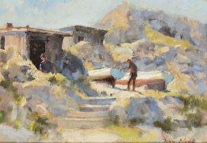 John Neale,  British late 20th century -  Fishermen and Boats, Under the Acropolis, Rhodes;  oi...