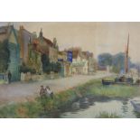 James Moore,  British, late 19th century -  Children by a canal;  watercolour on paper, signed ...