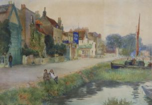James Moore,  British, late 19th century -  Children by a canal;  watercolour on paper, signed ...