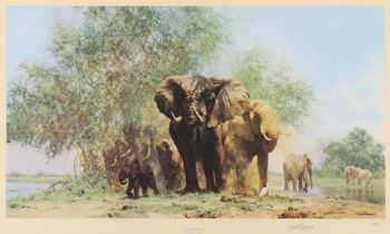 David Shepherd CBE FRSA, British 1931-2017, Elephants and Egrets, 1987; giclée print in colours...