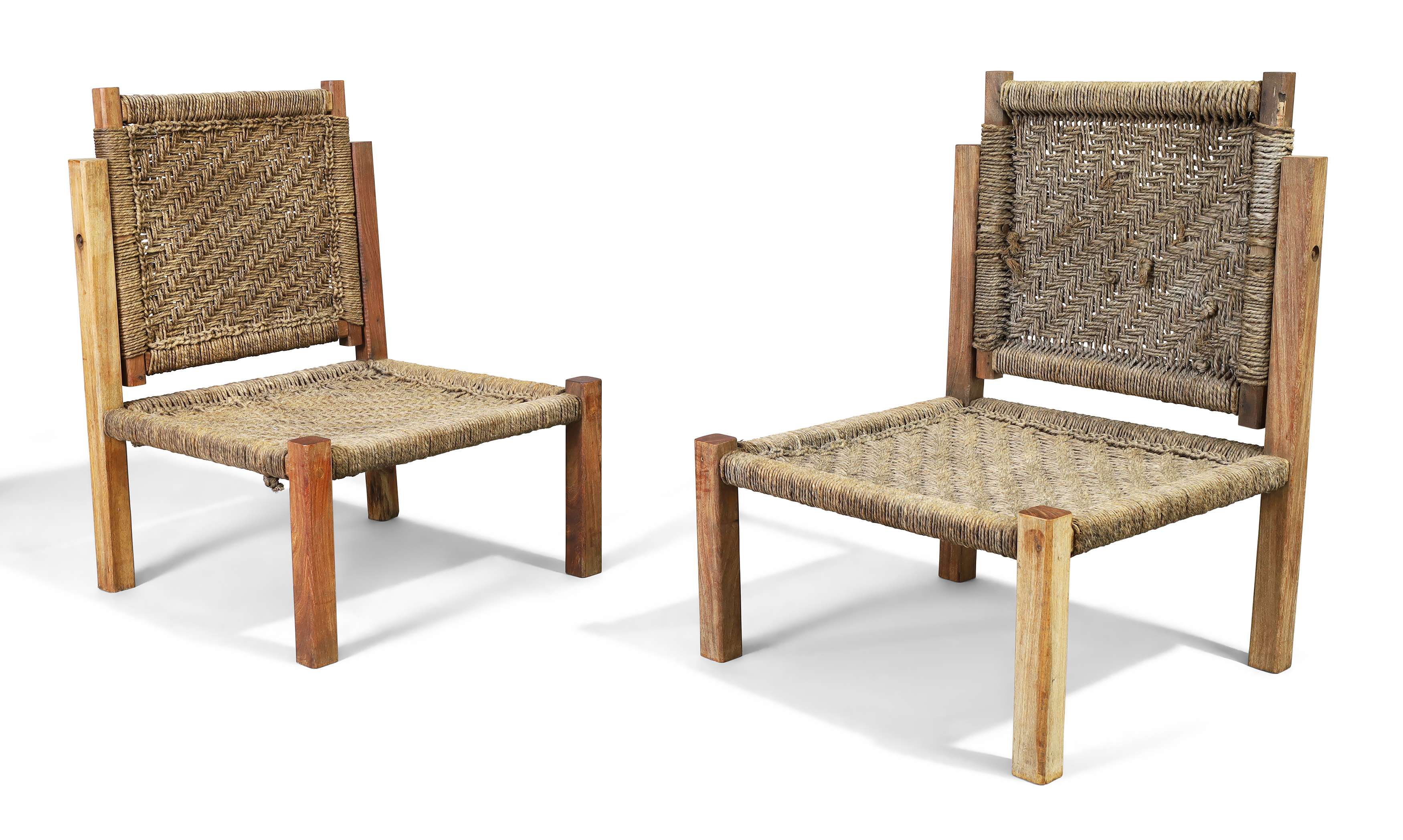 A pair of French side chairs with adjustable backrests, c.1950, teak, cord, each 81cm high, 58.5c...