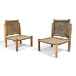 A pair of French side chairs with adjustable backrests, c.1950, teak, cord, each 81cm high, 58.5c...