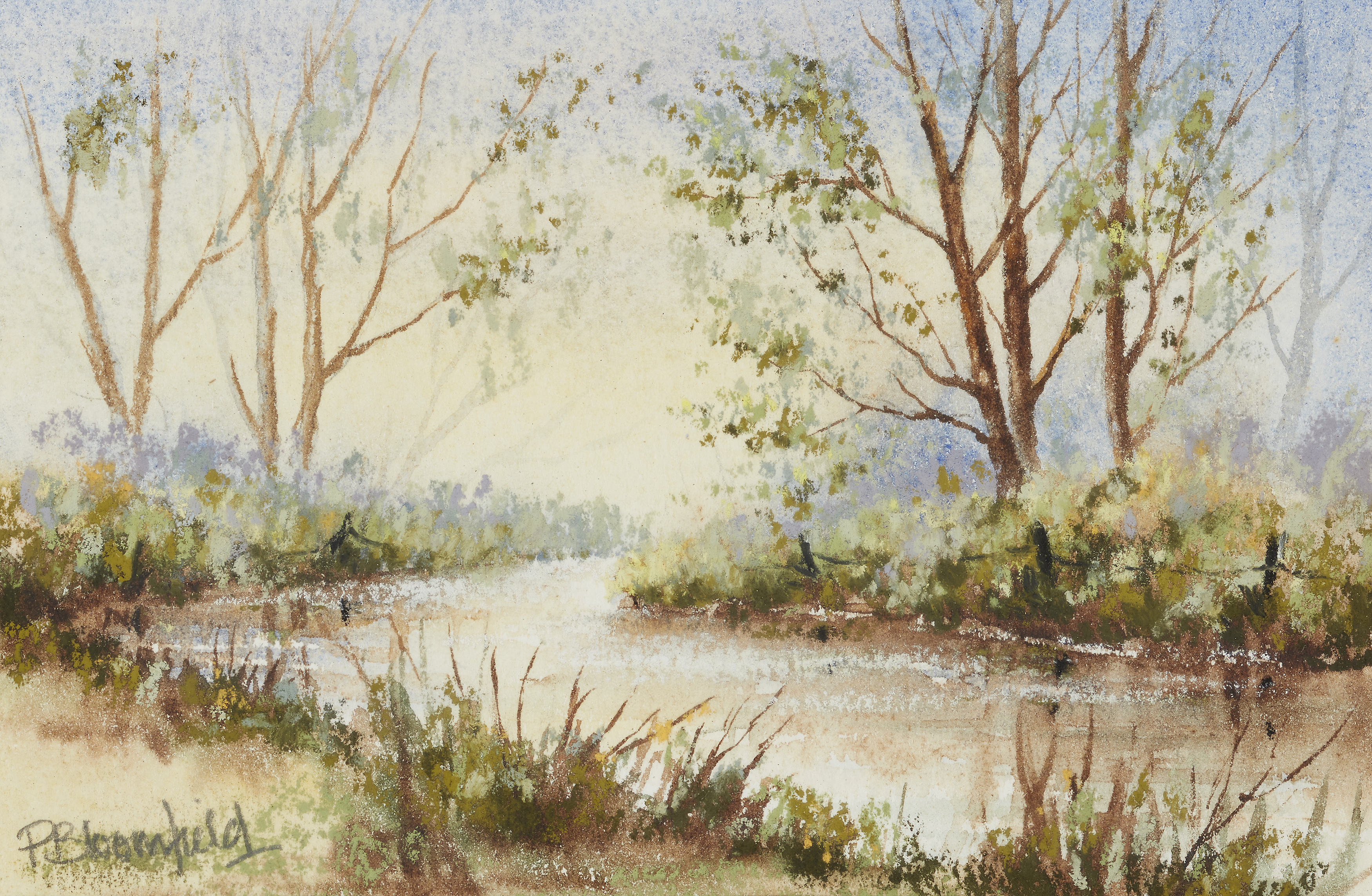 Pat Bloomfield,  British 20th century -  The Stort, September;  watercolour and pastel on paper...