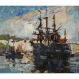 Bertram Priestman,  British 1868–1951 -  Three Masted Ships;  oil on panel, 20.5 x 23.6 cm  Pr...