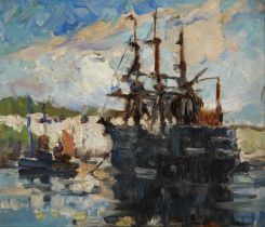 Bertram Priestman,  British 1868–1951 -  Three Masted Ships;  oil on panel, 20.5 x 23.6 cm  Pr...