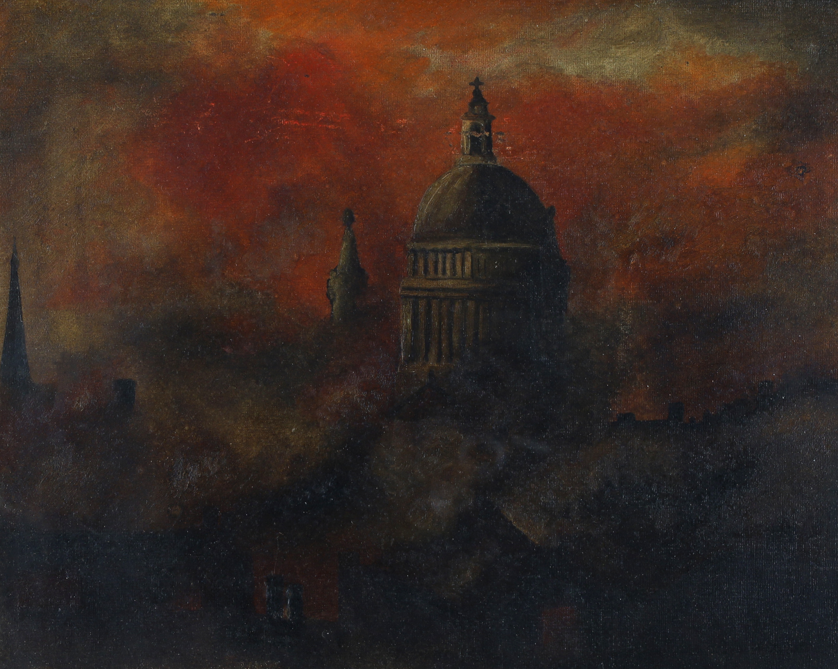 British school,  20th century -  After Herbert Mason' St. Pauls on Fire;  oil on board, 29 x 36...