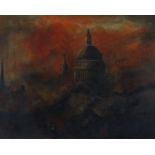 British school,  20th century -  After Herbert Mason' St. Pauls on Fire;  oil on board, 29 x 36...