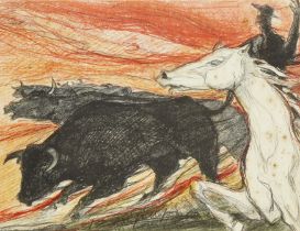 Jean Goujon,  French, 20th Century-  Bulls and man on horseback, 1963;  lithograph in colours o...