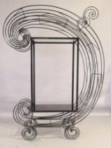 A wrought iron shelving unit, last quarter 20th century, of C-scroll form, 195cm high, 142cm wide...