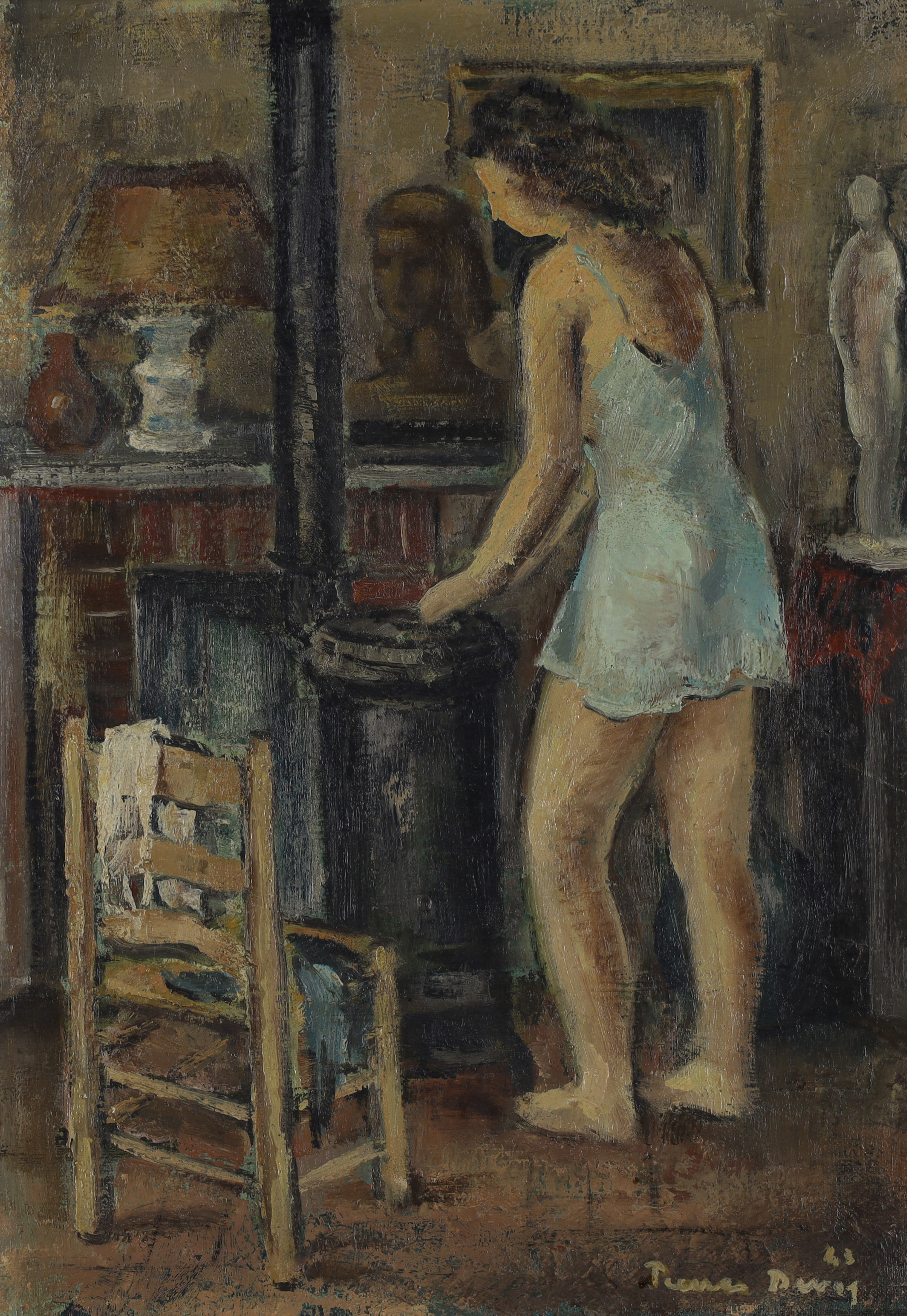 Pierre Devos,  Belgian 1917-1972 -  Women in a blue slip by a stove, 1943;  oil on canvas, sign...