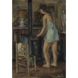 Pierre Devos,  Belgian 1917-1972 -  Women in a blue slip by a stove, 1943;  oil on canvas, sign...