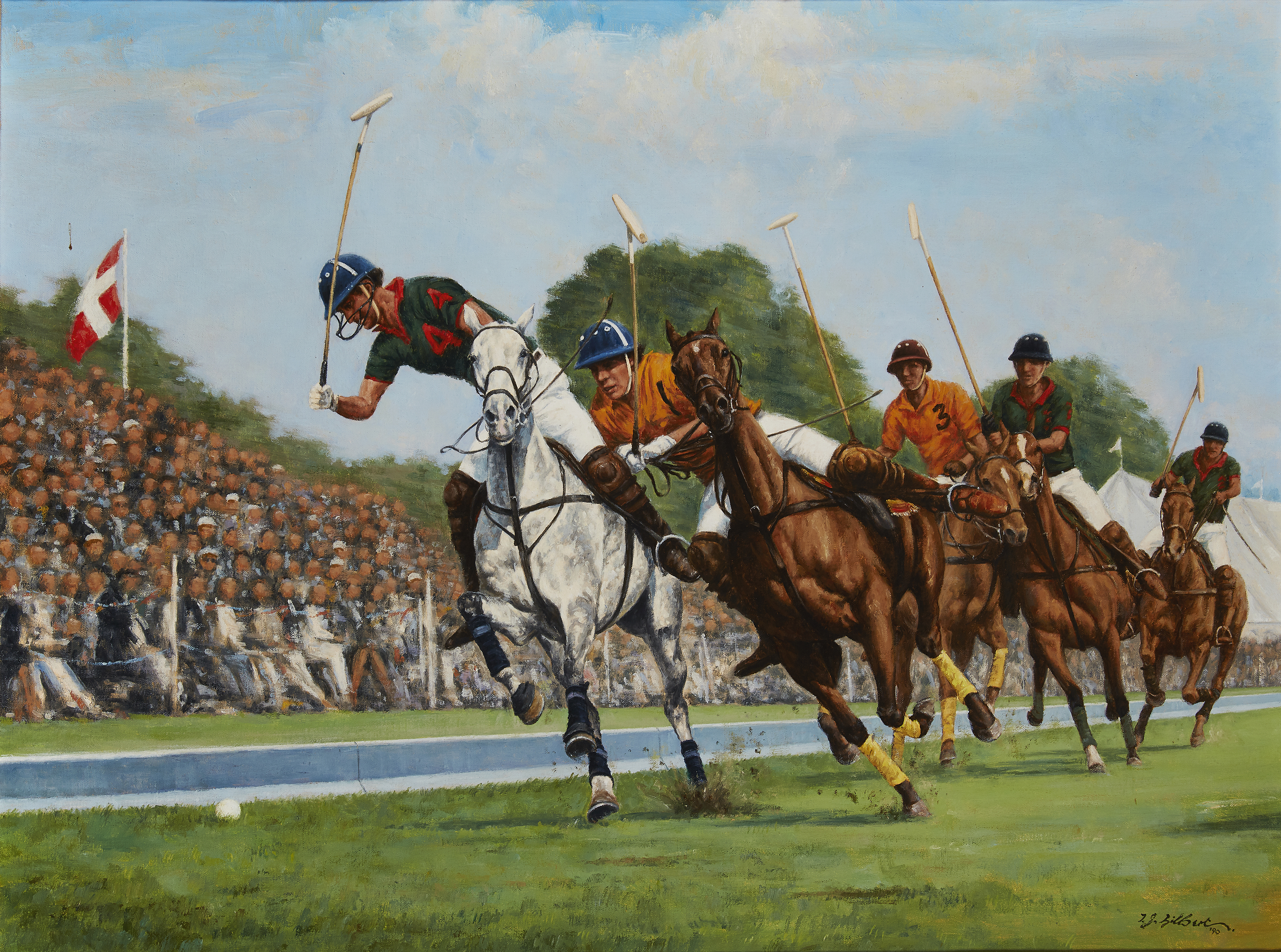 Terence Gilbert,  British b.1946 -  Polo match, 1990; oil on canvas, signed and dated lower rig...