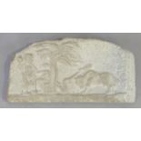 Sanny Laurin, Swedish, active 21st century, a carved stone panel depicting figures in a landscape...