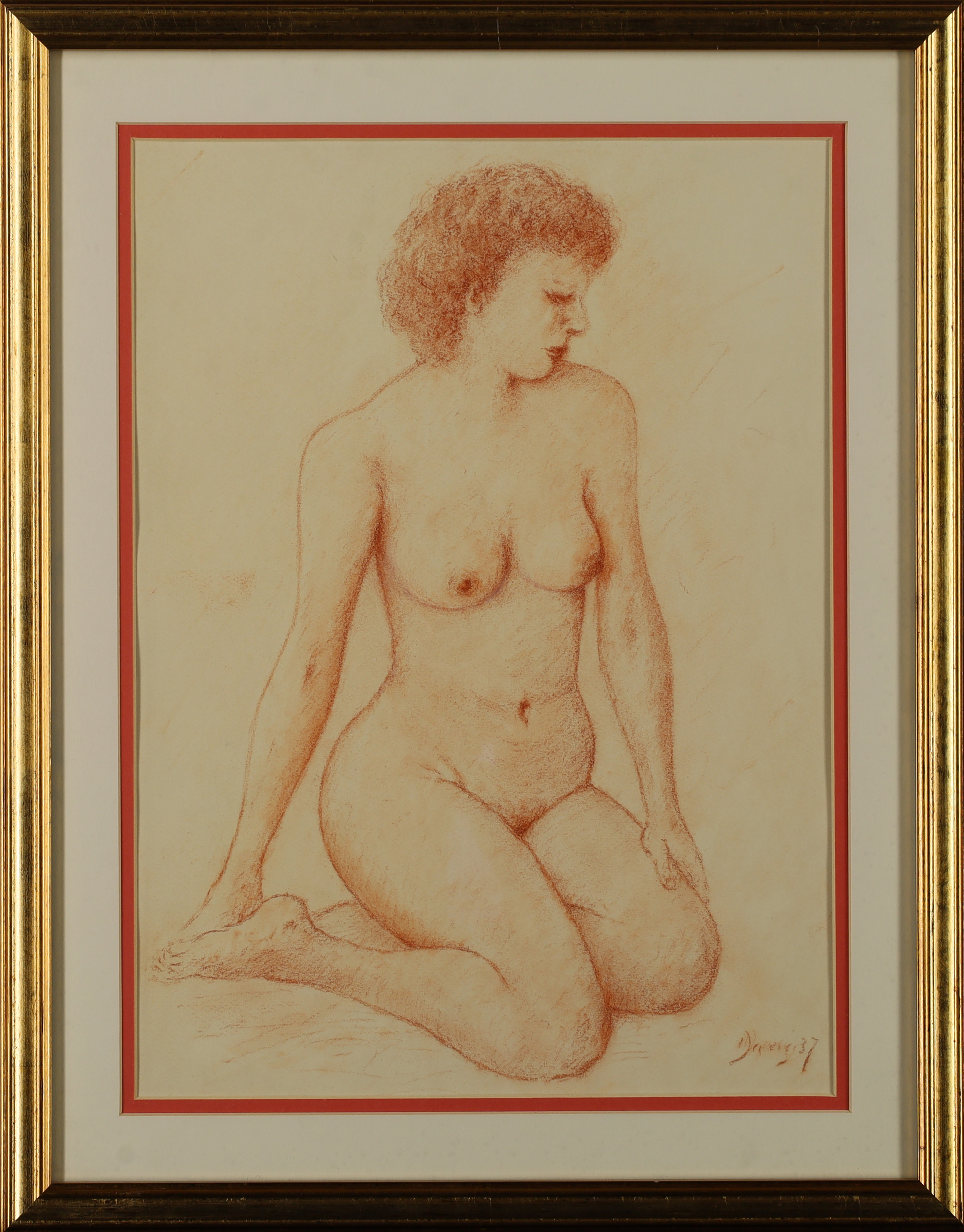 European school,  Active c.1937 -  Seated nude study, 1937;  conté on paper, indistinctly signe... - Image 2 of 2