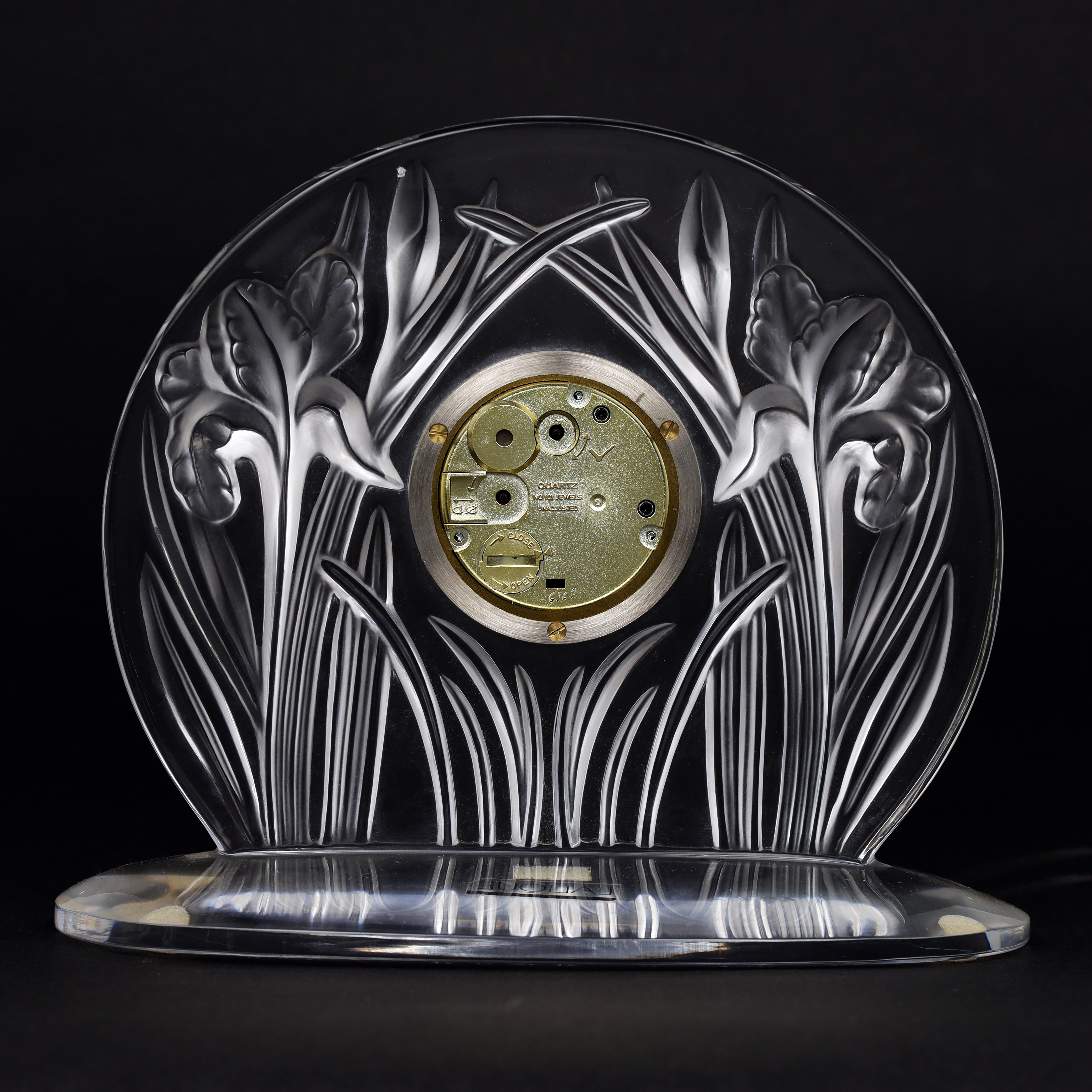 A Lalique clear and frosted ‘Iris’ timepiece, c.2003, etched Lalique ® France to integral ellipti... - Image 2 of 2