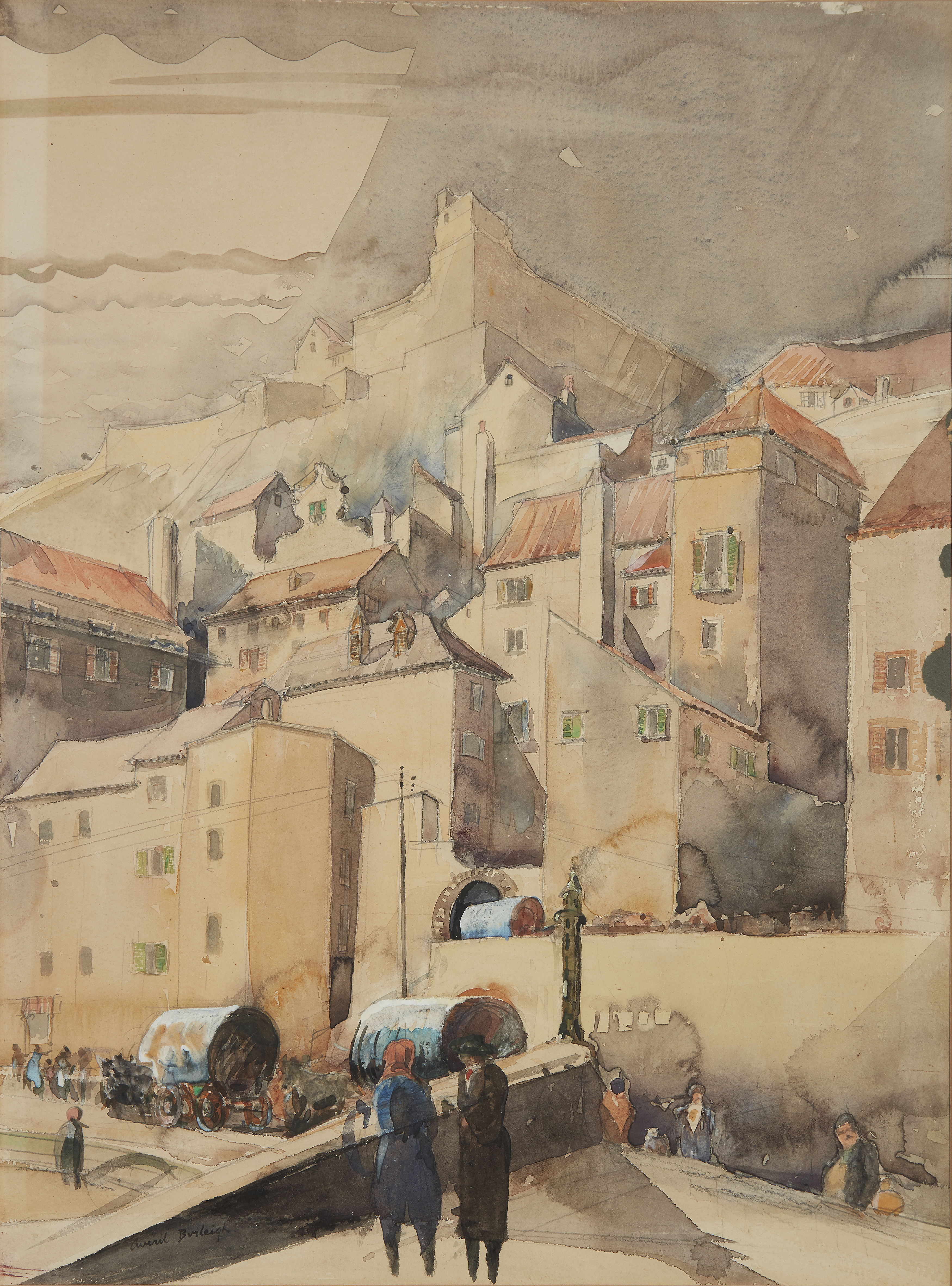 Avril Mary Burleigh,  British 1883-1949 -  Continental town scene with figures;  watercolour on...