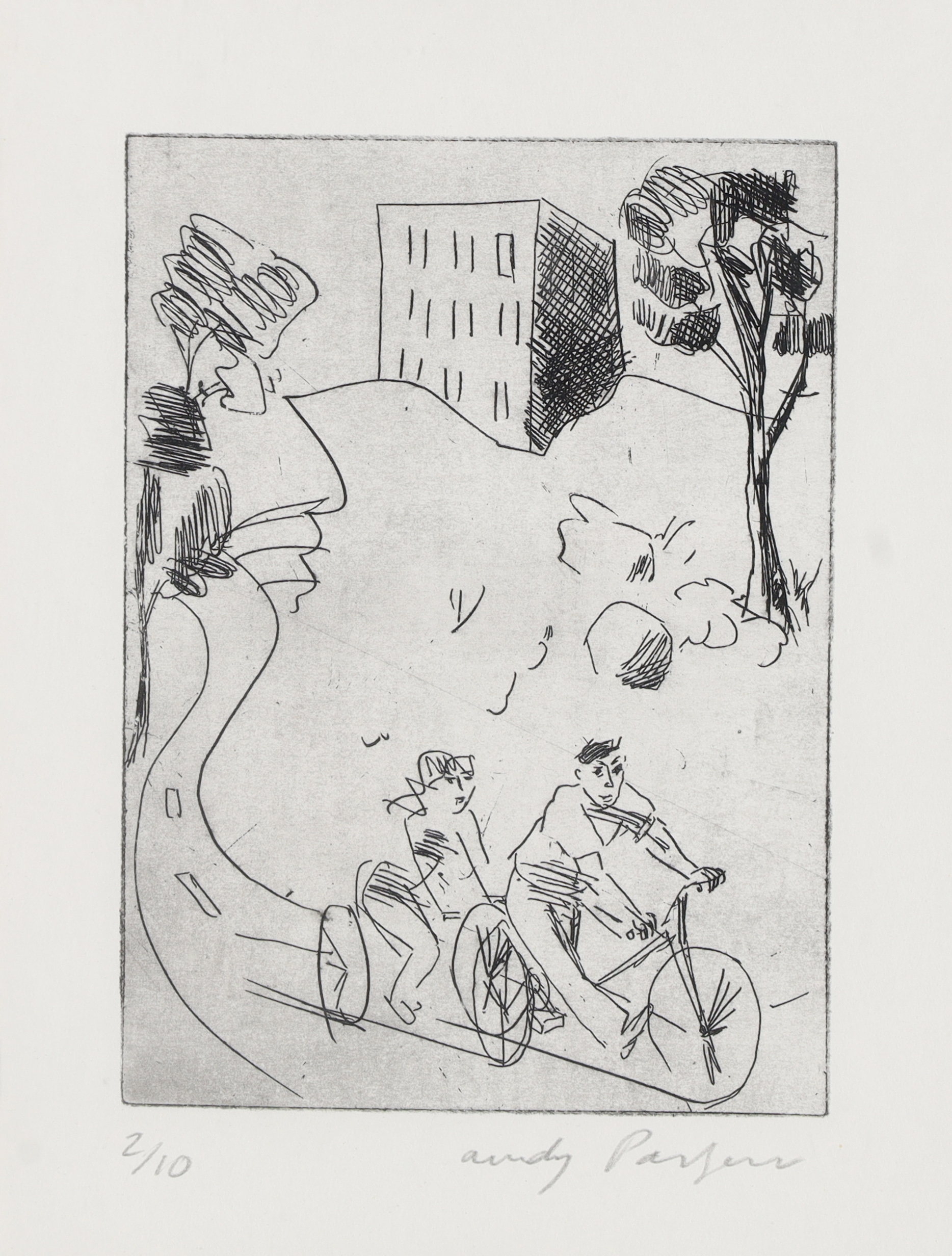 Andy Parsons,  British 20th Century-  Tandem Ride;  etching on wove,  signed and numbered 2/10 ...