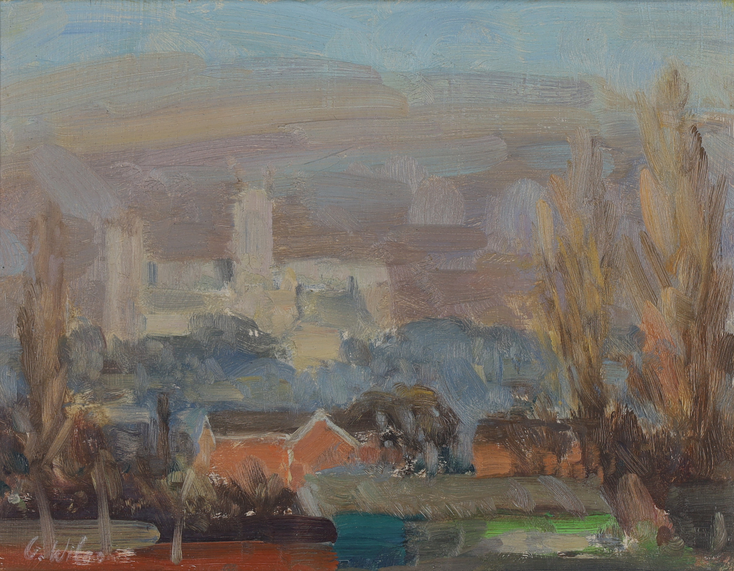 Geoffrey Wilson,  British 1920-2010 -  Landscape;  oil on board, signed lower left 'G. Wilson',...