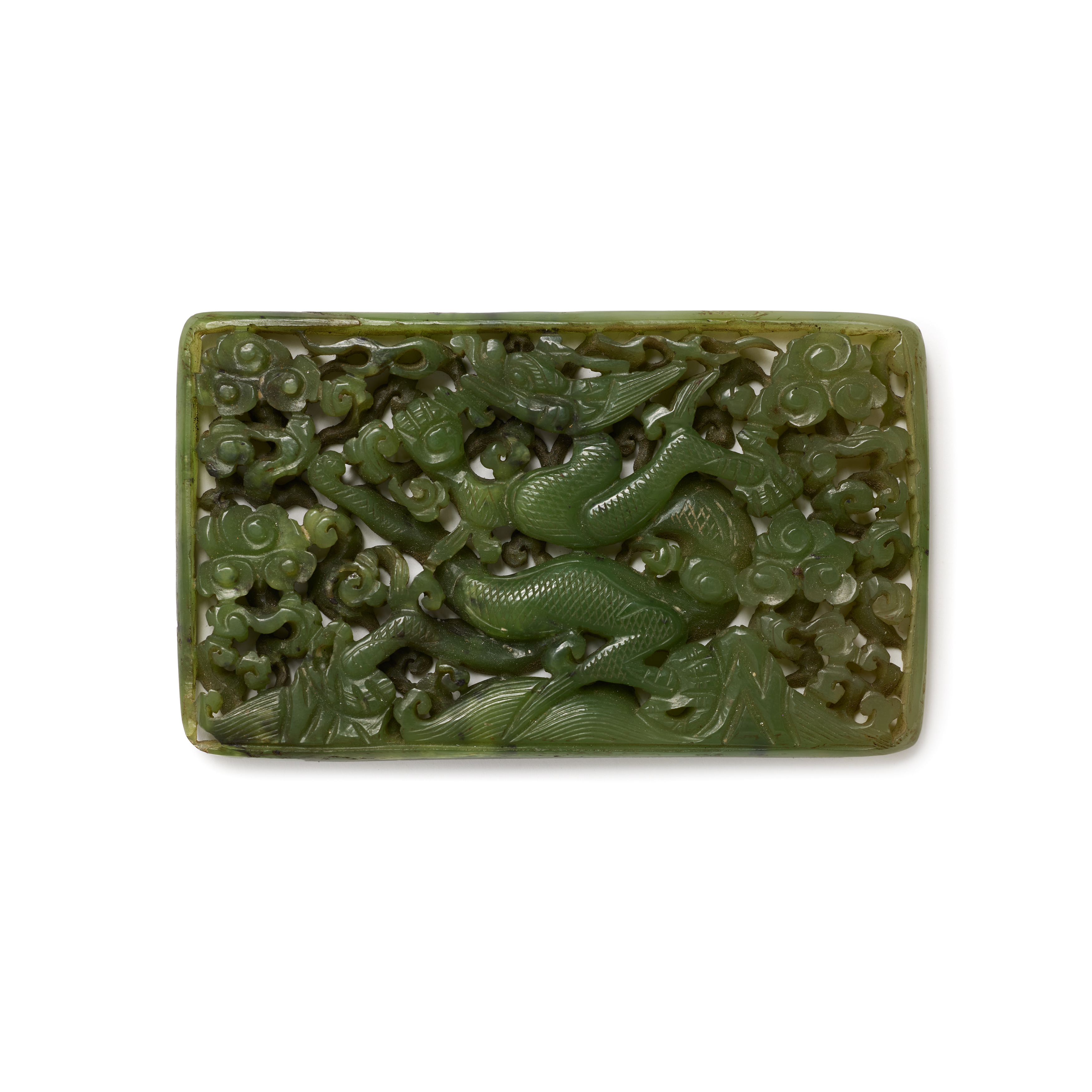 An unusual Chinese spinach jade Ming-style reticulated 'dragon' plaque Qing dynasty, 18th/19th c...