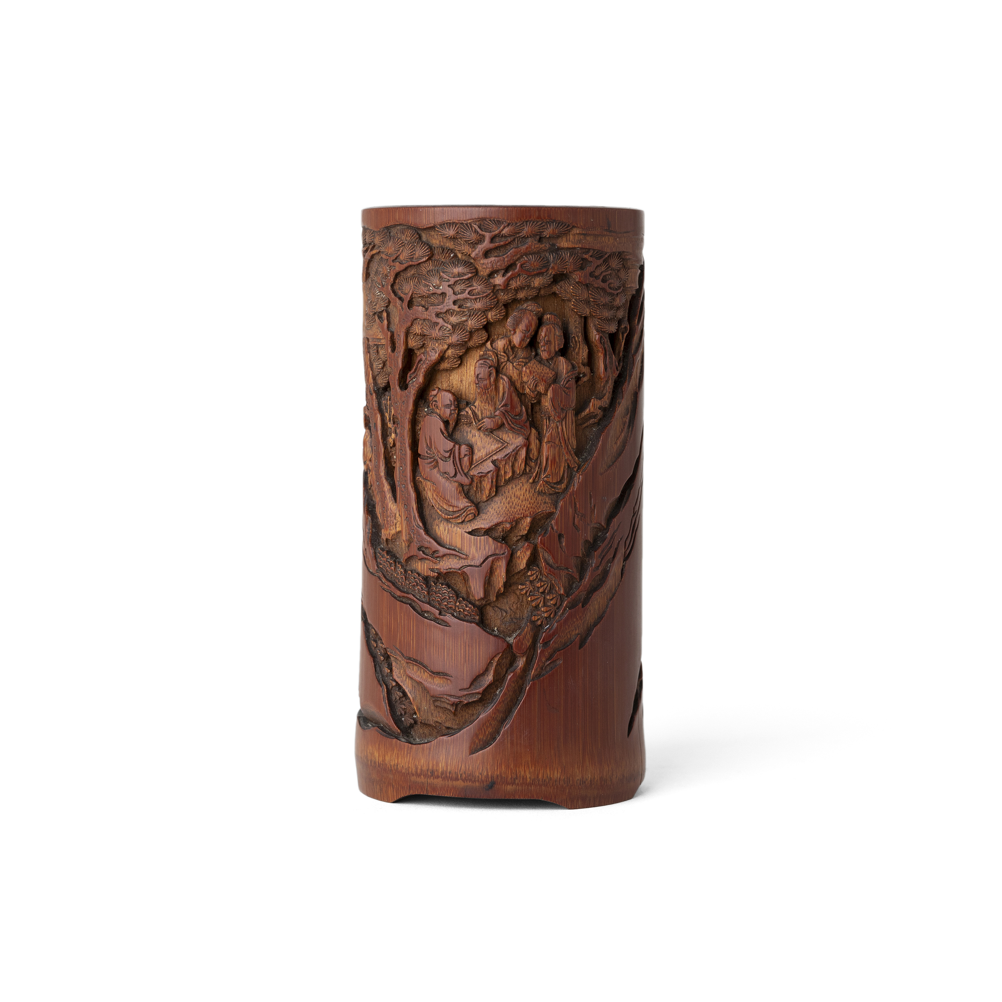 A small Chinese deeply-carved bamboo 'scholars' brush pot, bitong Qing dynasty, 18th century Fi...