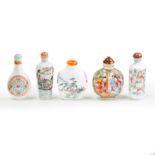 Five Chinese famille rose snuff bottles Qing dynasty, 19th century - 20th century Comprising: a...