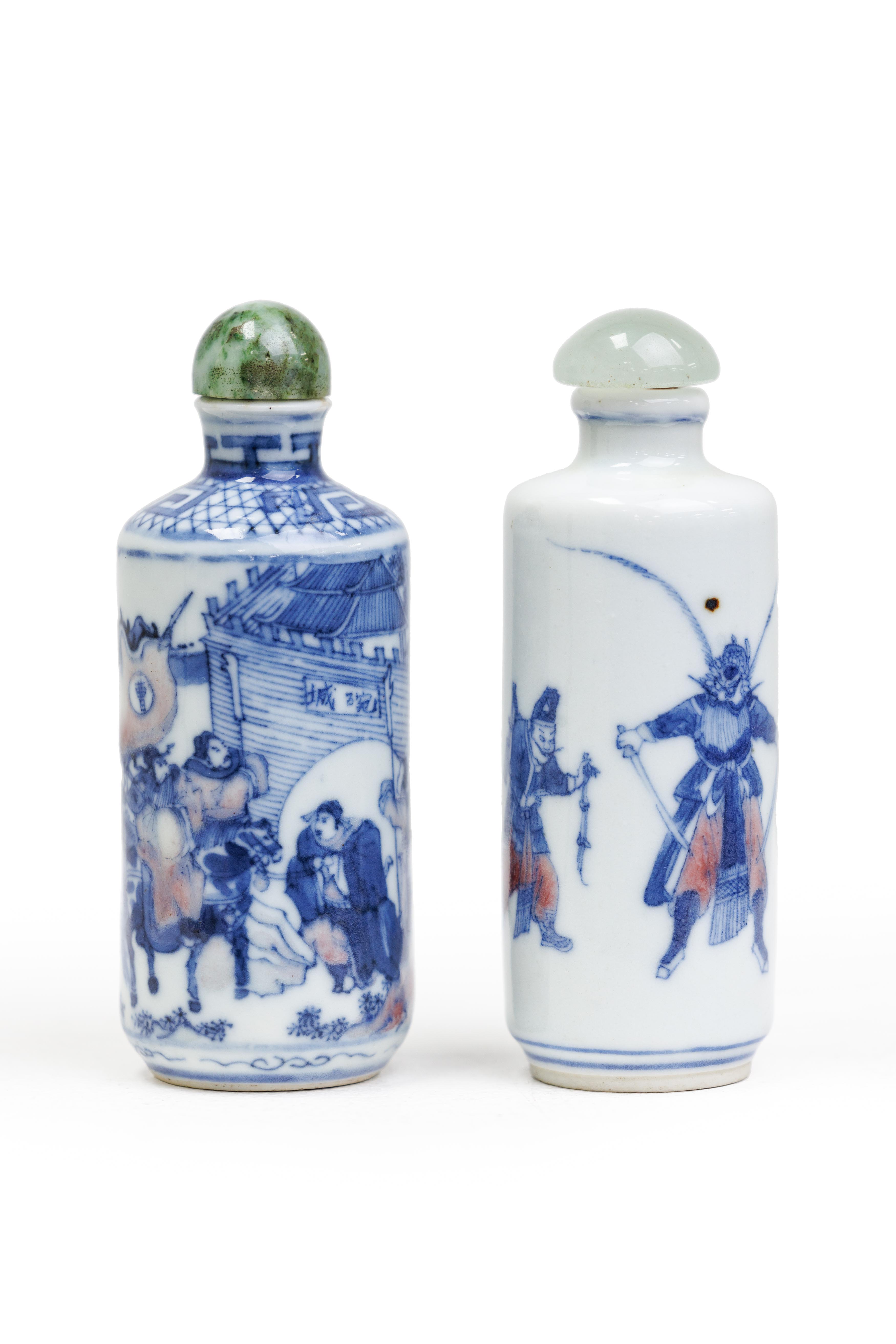Two Chinese underglaze blue and underglaze red 'warriors' snuff bottles Qing dynasty, 19th centu...