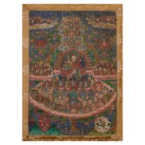 A Tibetan thangka of Padmasmbhava Early 20th century Painted in polychrome on canvas with Padma...