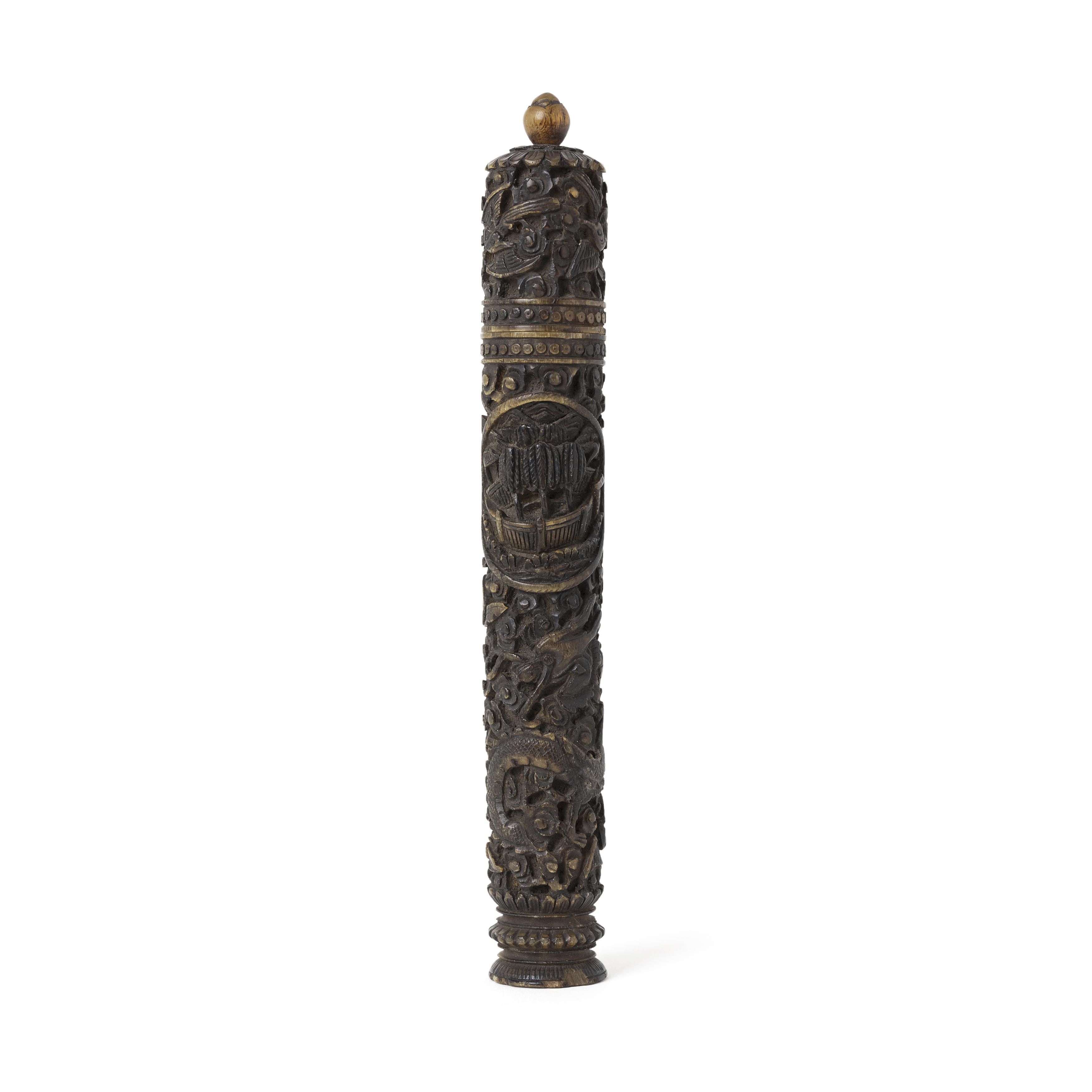 A Chinese rhinoceros horn needle case Qing dynasty, early 19th century Elaborately carved with ...