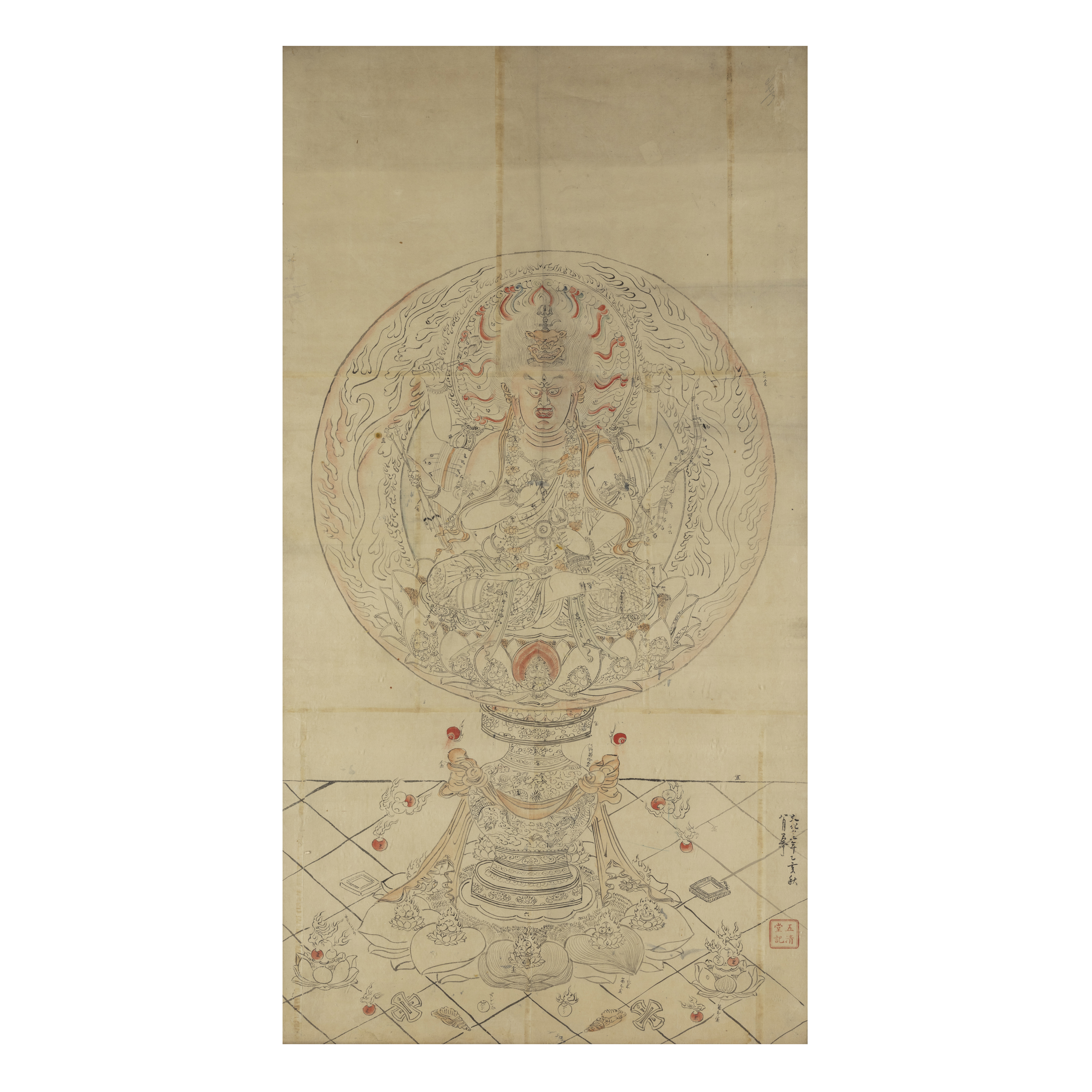 A Japanese study of a Buddhist painting Circa 1815 Painted with ink and colour on paper, depict...