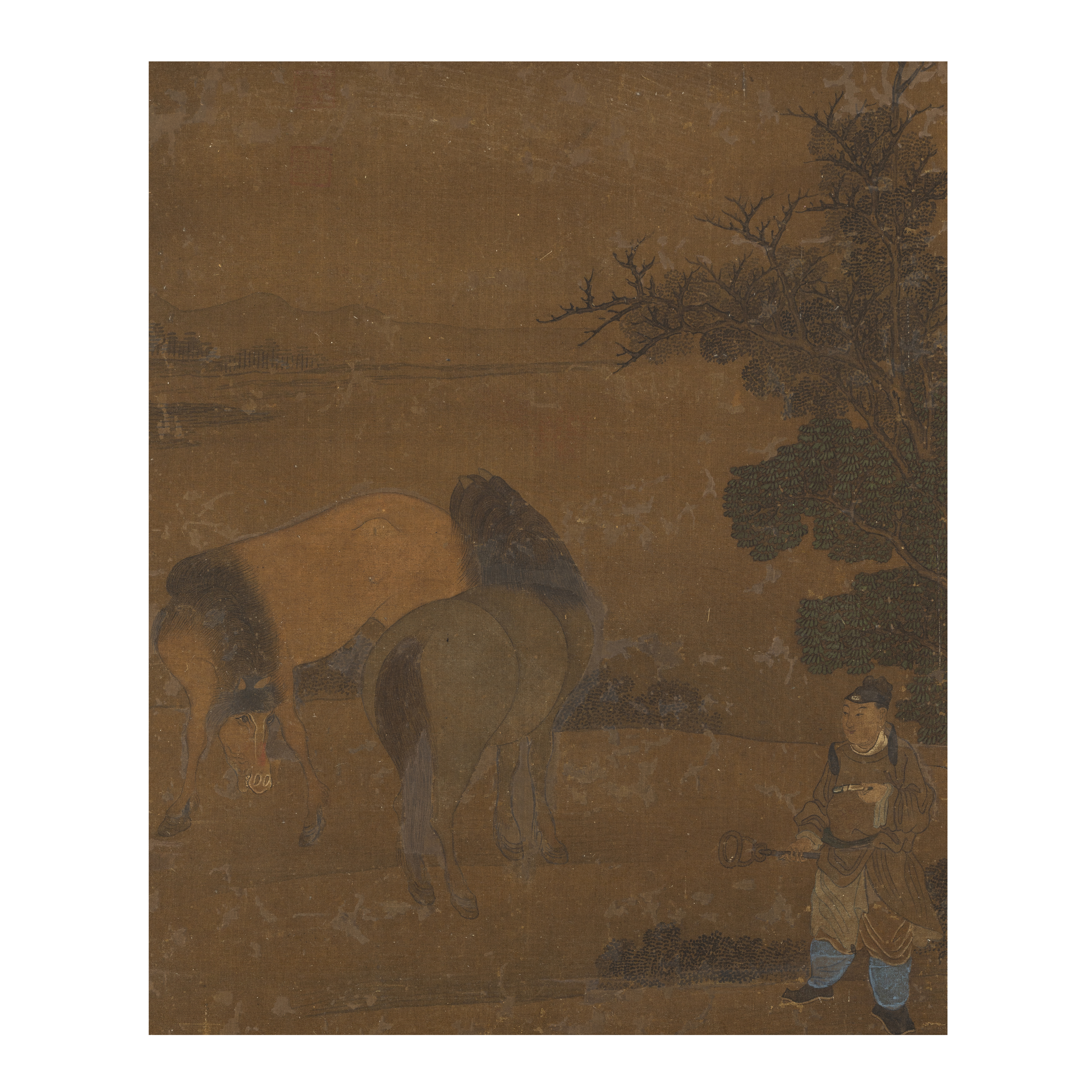 Chinese School, 18th century 'Groom with two horses' Ink and colour on silk, with two red seals...