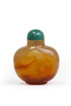 A Chinese agate 'lotus pond' snuff bottle Mid Qing dynasty The well-hollowed bottle finely inci...