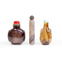 Two agate and one smoky quartz snuff bottle Qing dynasty, 1850-1911 The first agate of pear sha...