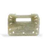 A Chinese grey jade archaistic lock-shaped pendant Qing dynasty, 19th century Carved and pierce...