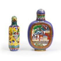 Two Chinese cloisonné-enamel snuff bottles and stoppers Late Qing dynasty Comprising a cylindri...