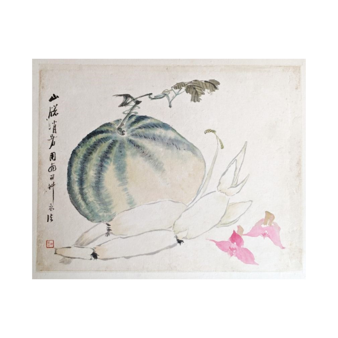 Sha Fu (1831-1906) Lotus roots and Watermelon  Watercolor on paper Inscribed and signed by the...