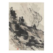 Zhang Anzhi (1911 – 1991) Landscape Ink and colour on paper, album leaf mounted on silk, dedica...