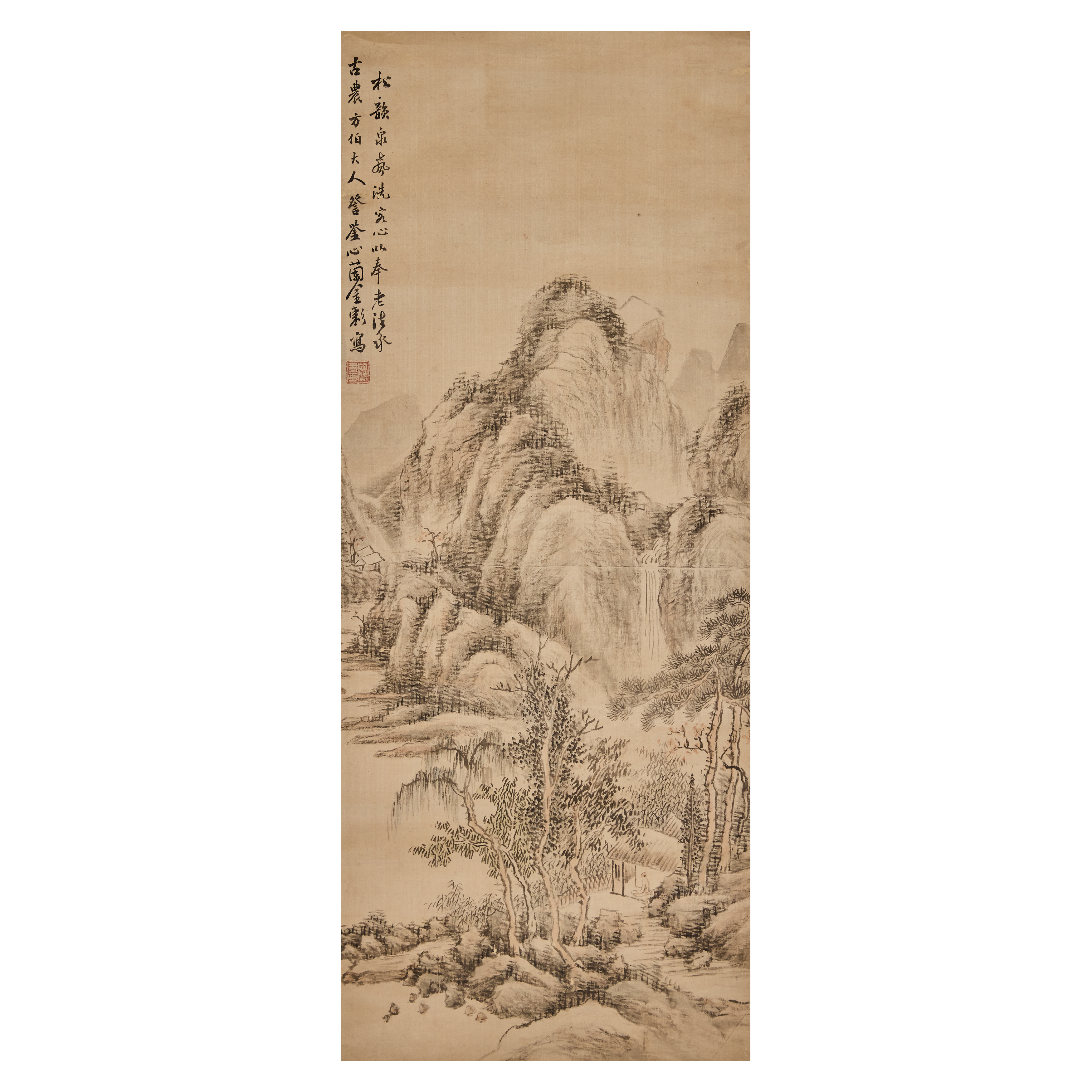 Jin Xinlan (1841 - 1909) 'Landscape' Ink and colour on silk, mounted as hanging scroll, signed ...