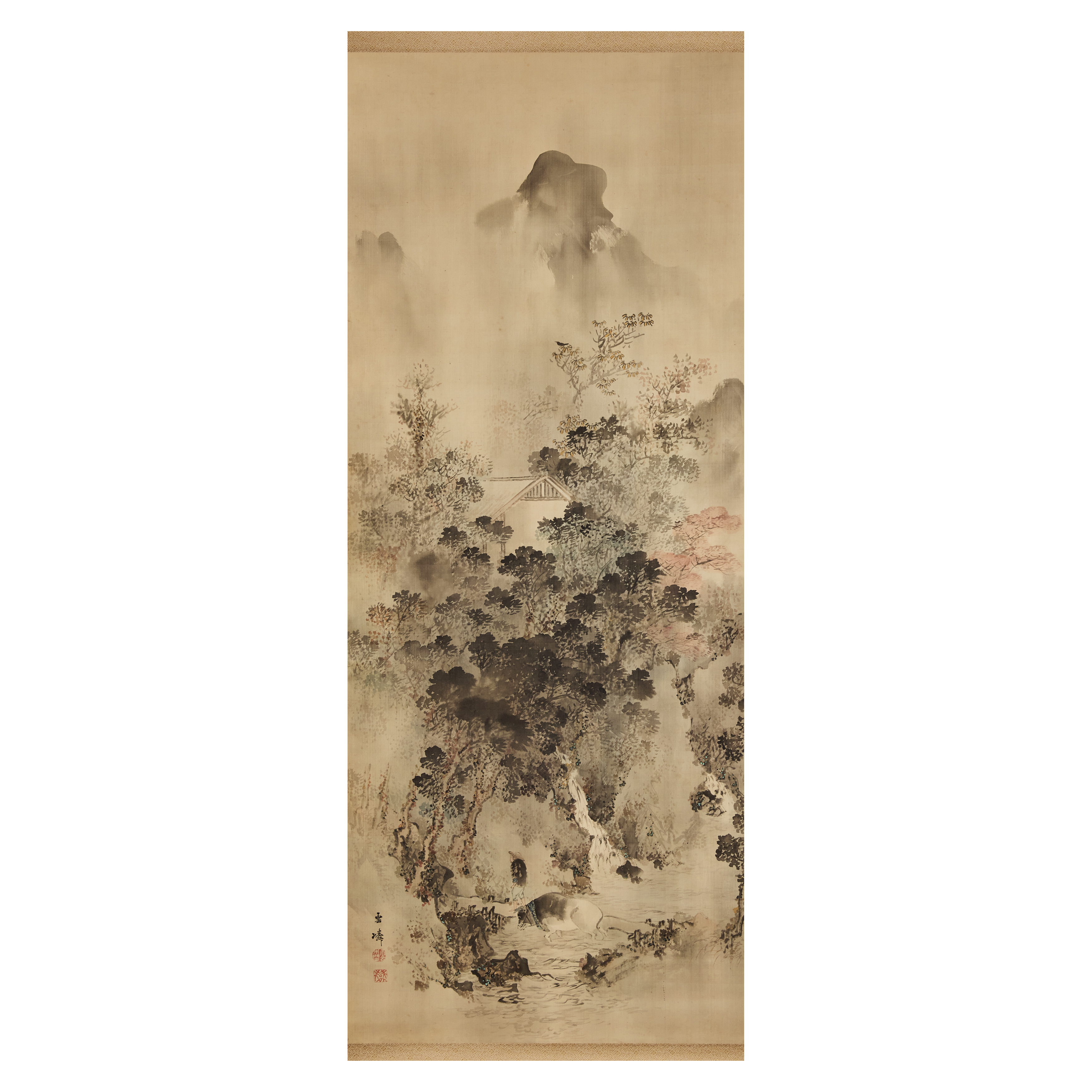 Kaito Unrin (1845-1919) A Japanese landscape painting depicting a house amidst tall trees with t...