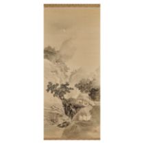Kawabata Gyokusho (1842-1913) A Japanese painting of Mountain retreat under the moon, ink and co...