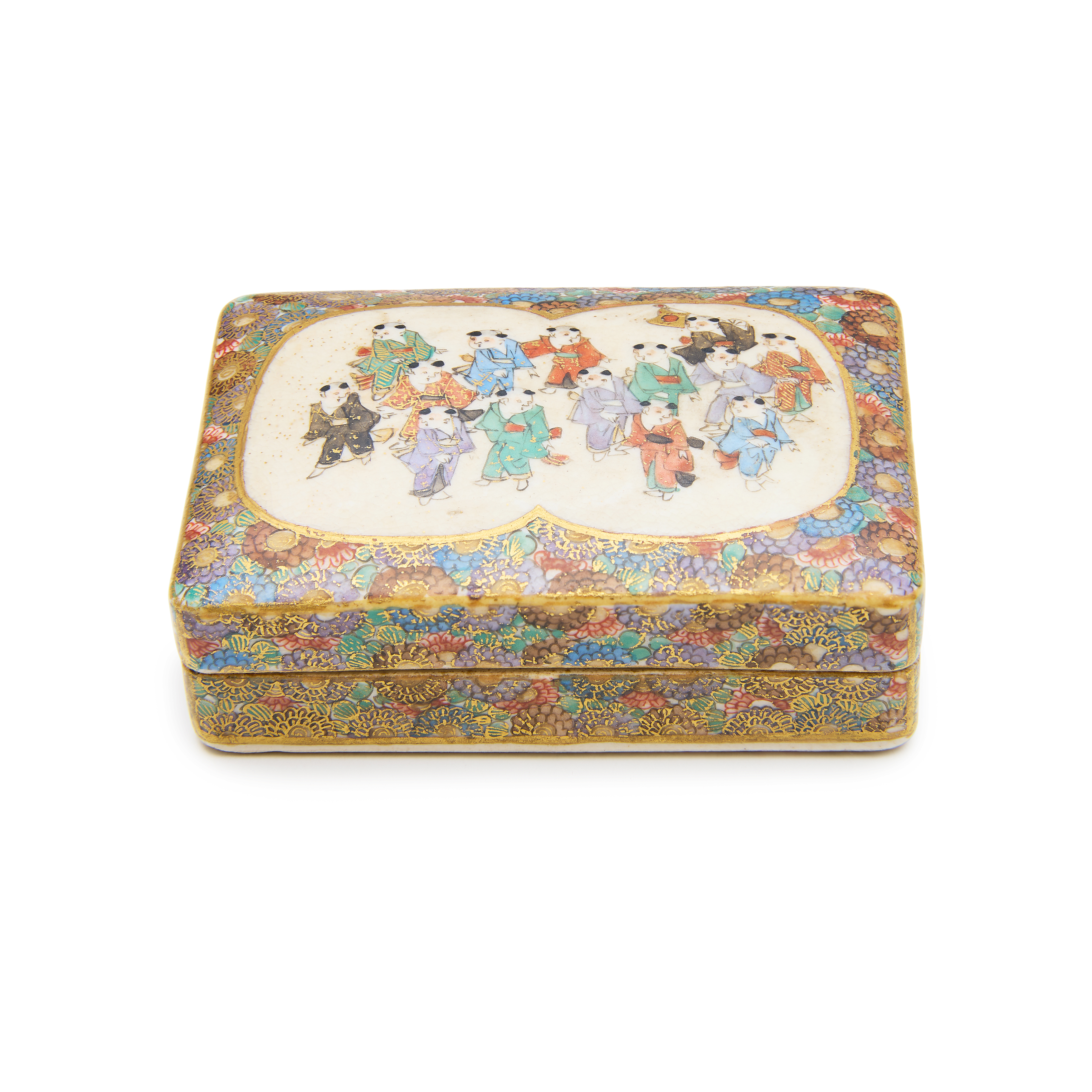 A small Japanese Kinkozan Satsuma box and cover Meiji period Of rectangular form, intricately e...