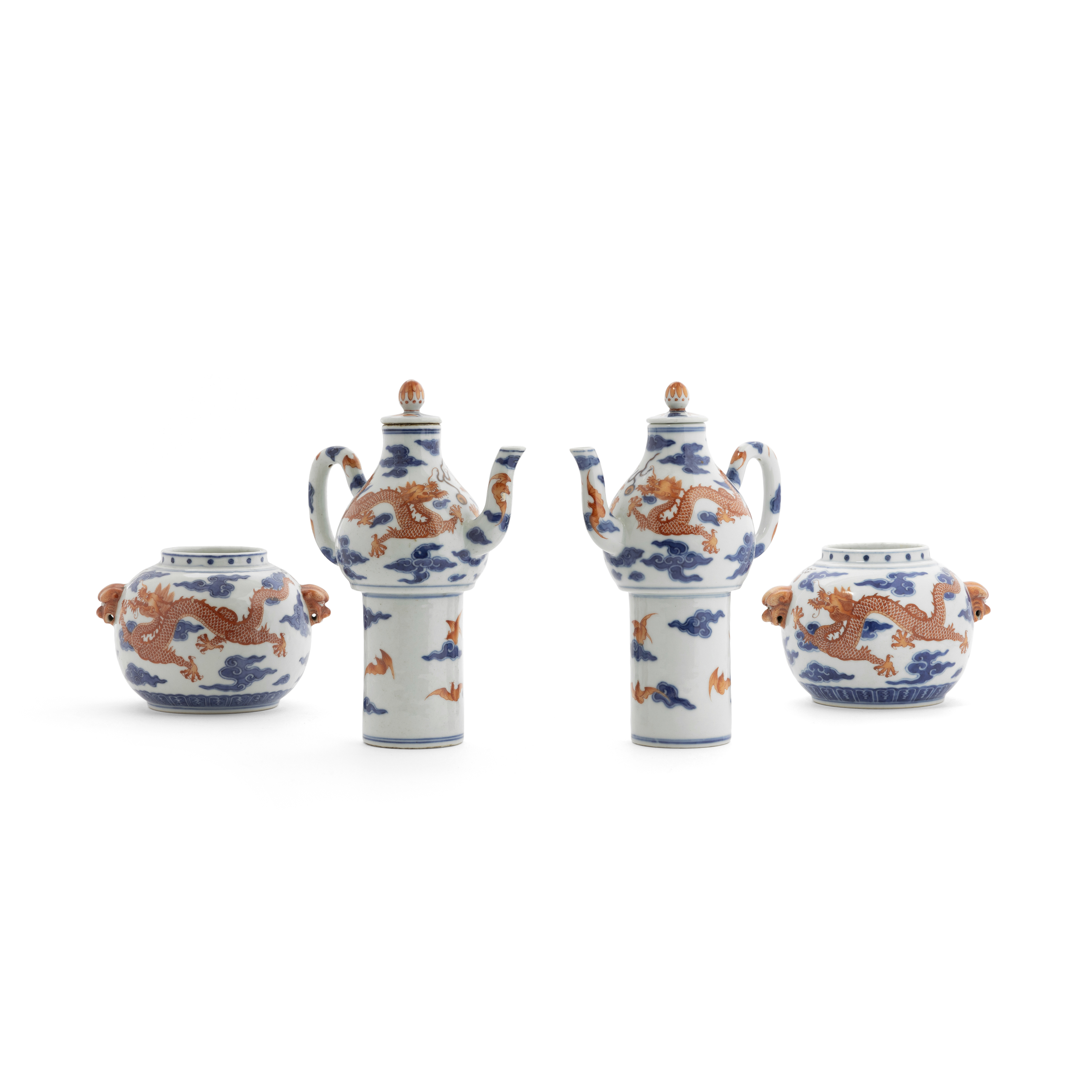 A pair of Chinese blue and white and iron-red double-gourd sectional wine warmers, ewers and cove... - Image 2 of 5