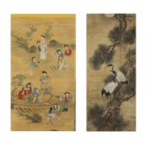 A Japanese painting of cranes beneath pines and a Chinese figurative painting The cranes painted...