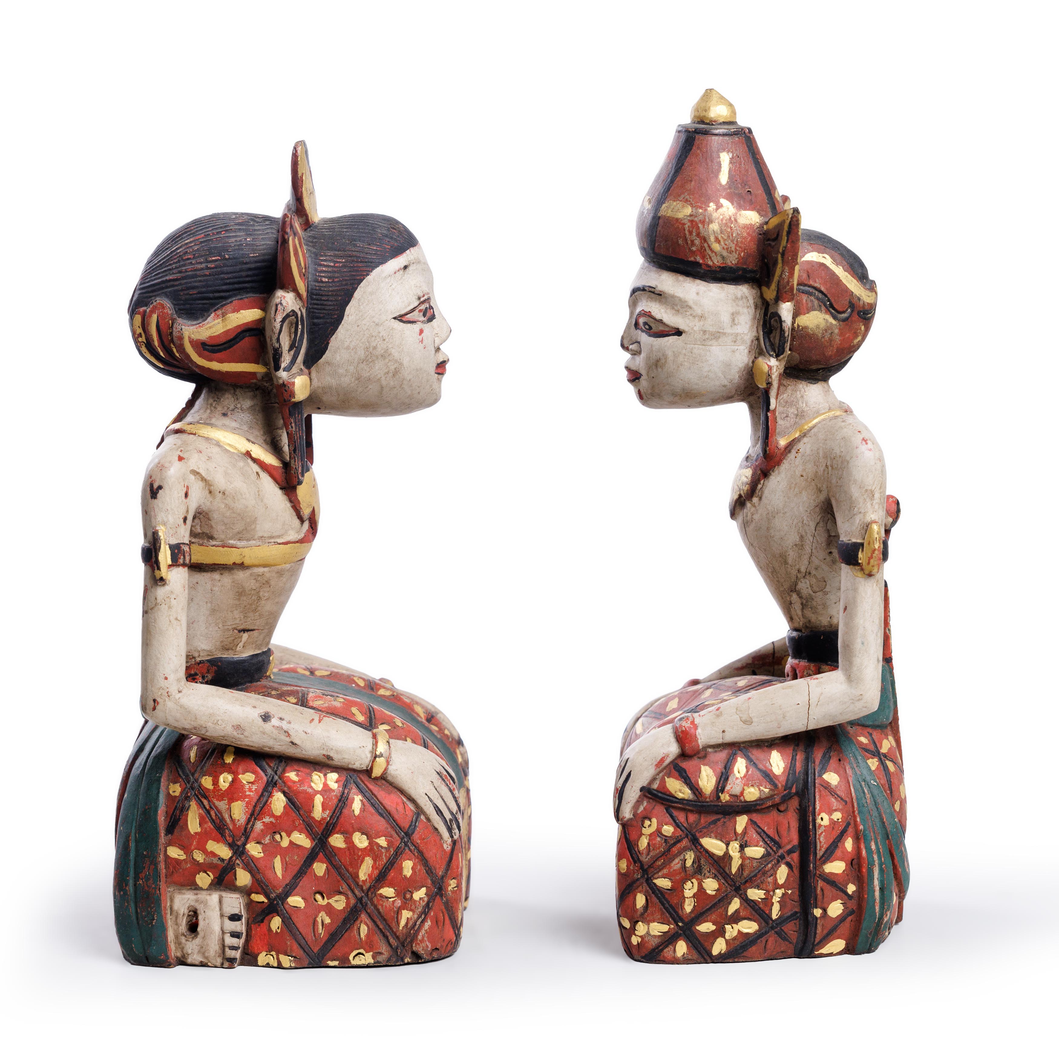 A pair of Javanese painted wood 'wedding couples', Loro Blonyo Indonesia, 19th century The seat... - Image 2 of 2