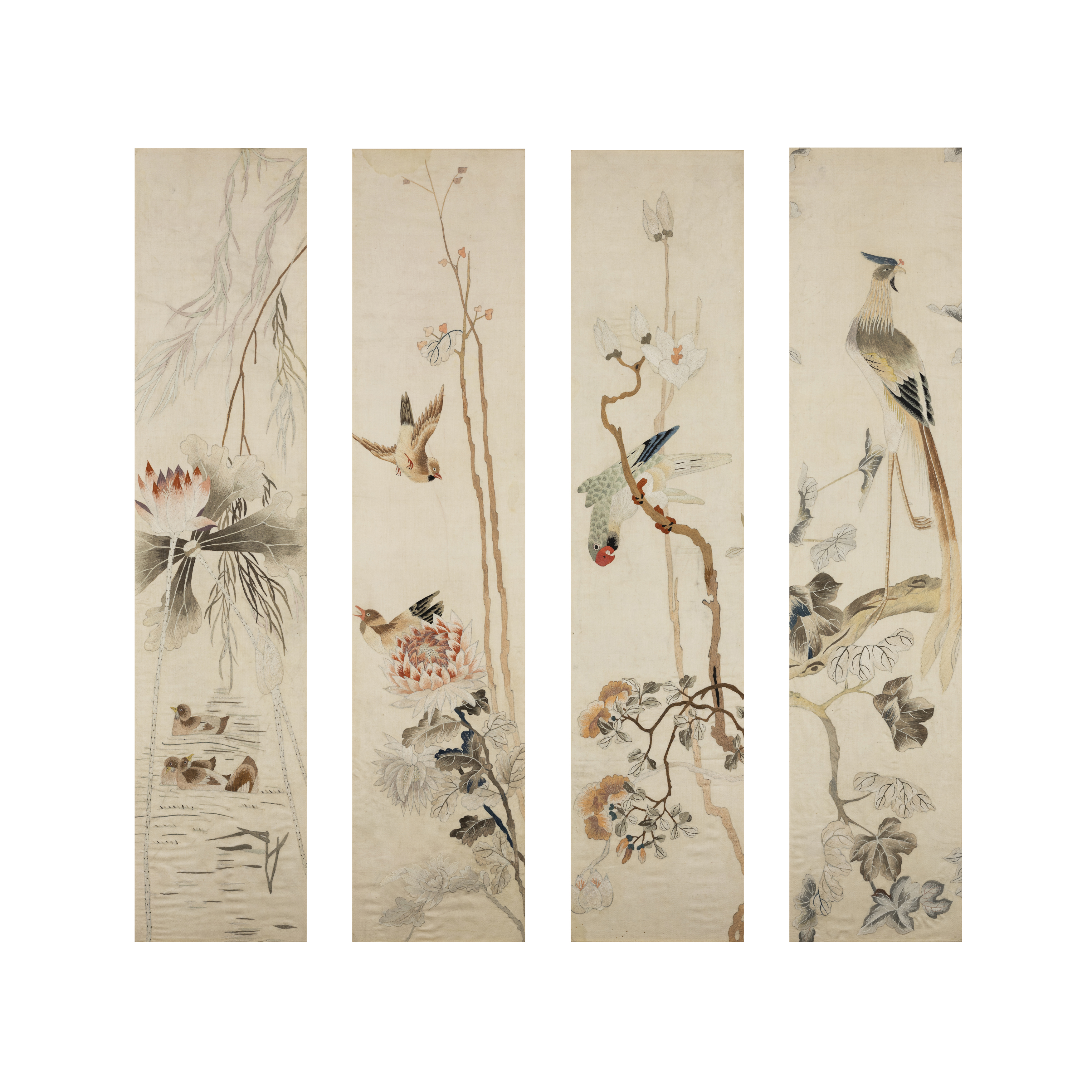 A set of silk embroideries of the four seasons Late Qing dynasty Four pale cream silk panels em...
